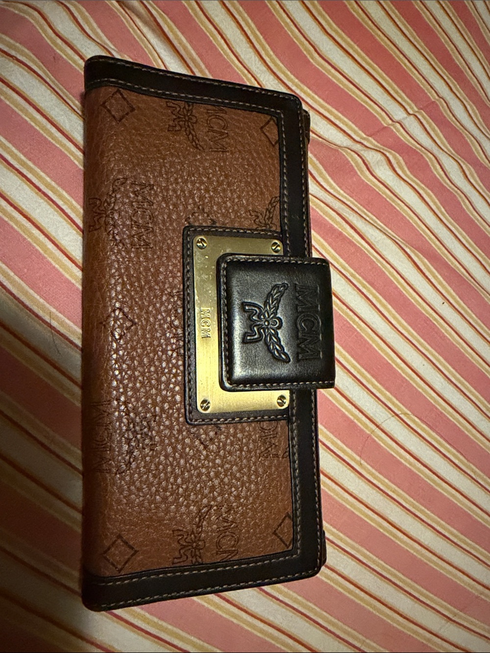 MCM Brown and Black Leather Continental Key & Card Holder with Gold Plate